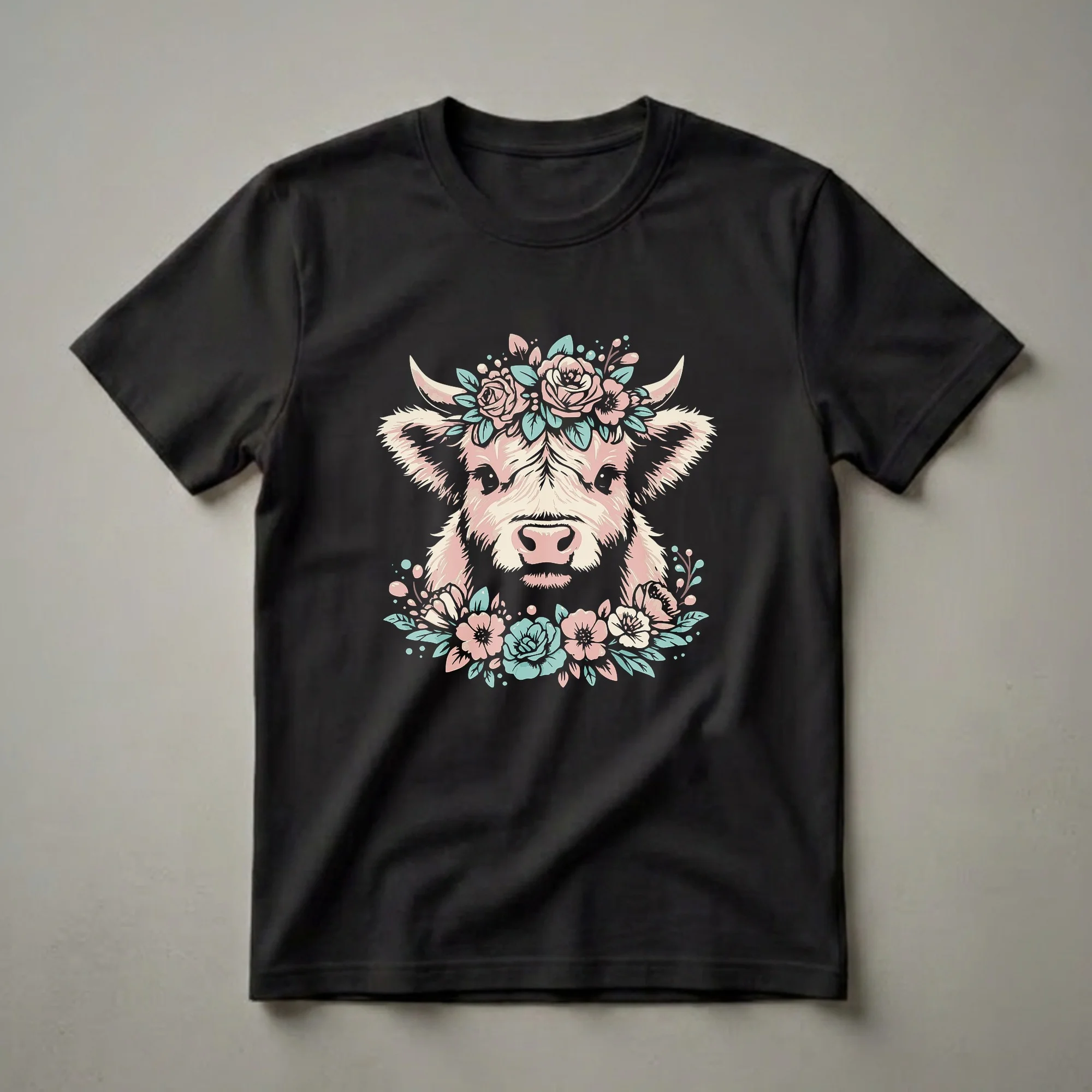 Black t-shirt featuring a graphic illustration of a baby Scottish Highland cow's head wearing a pastel pink and teal floral wreath.