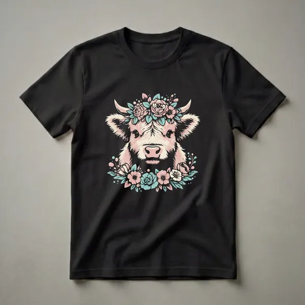 Black t-shirt featuring a graphic illustration of a baby Scottish Highland cow's head wearing a pastel pink and teal floral wreath.