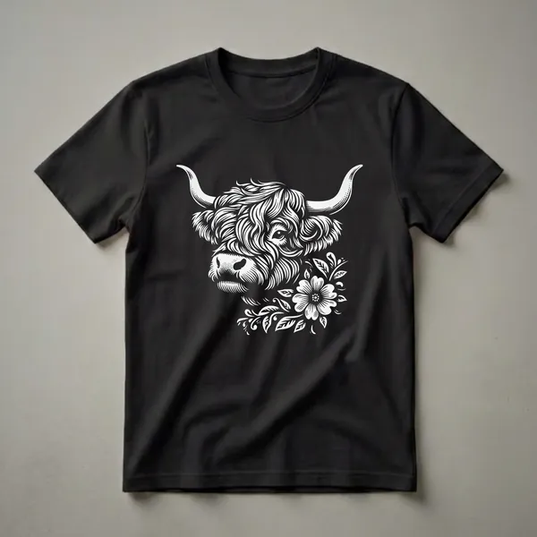 White line art illustration of a Scottish Highland cow's head adorned with flowers and leaves, presented on a black background.