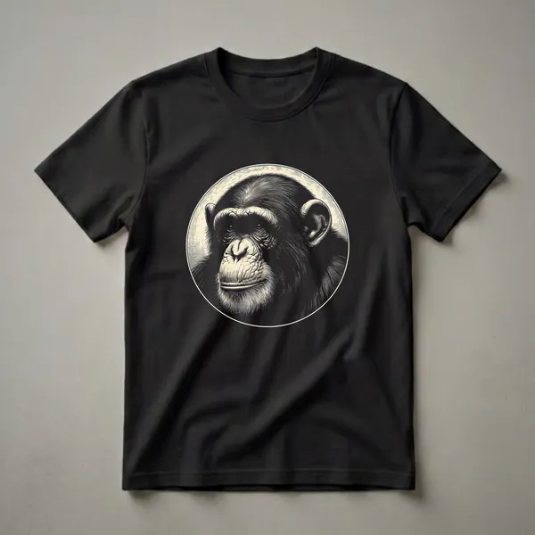 Black and cream graphic t-shirt featuring a detailed, circular portrait of a chimpanzee's head with intricate linework.