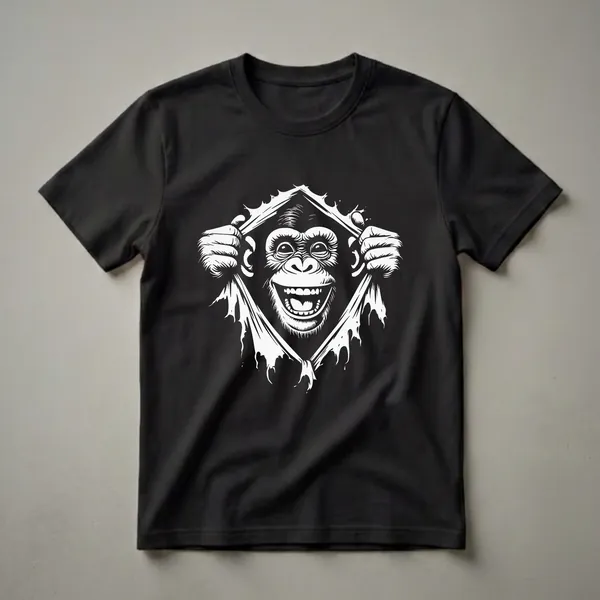 White graphic of a chimpanzee with a wide smile peeking through torn fabric, set against a black background, on a t-shirt.
