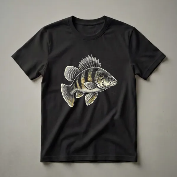 Black t-shirt featuring a detailed linocut illustration of a Yellow Perch fish with yellow and black stripes and prominent fins.
