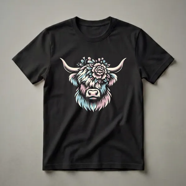 Black t-shirt featuring a stylized illustration of a Highland cow's face with long horns, adorned with a pastel pink, cream, and blue floral crown and foliage.