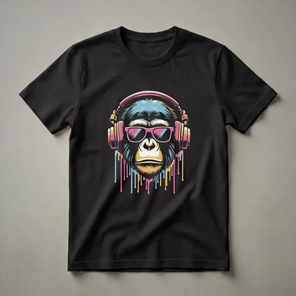 Black t-shirt featuring a graphic of a chimpanzee's face wearing pink sunglasses and yellow and pink headphones, with colorful paint drips.