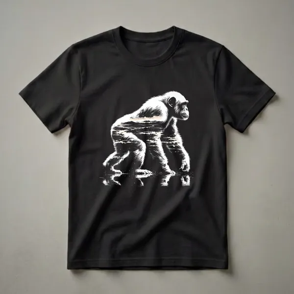 Black t-shirt with a white graphic of a chimpanzee filled with a landscape scene of mountains, a river, and sky, with reflections on a dark surface.