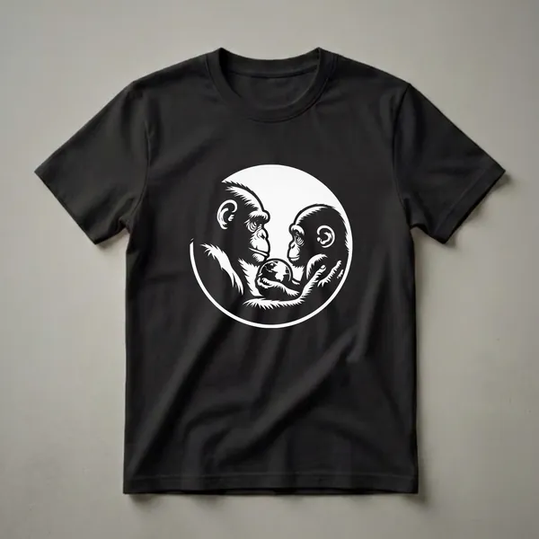 Black and white graphic t-shirt design showing an adult and juvenile chimpanzee looking at each other while holding a globe in their hands, enclosed within a circle.