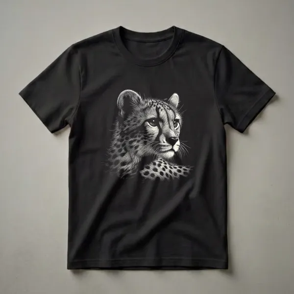 Black t-shirt with a detailed scratchboard illustration of a cheetah's face in cream and black, showing its spotted fur and intense eyes.