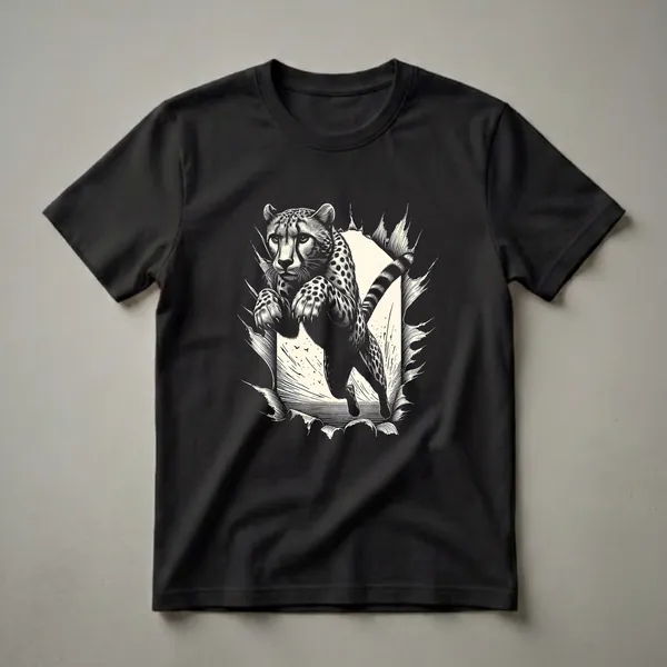 Black and white graphic art t-shirt featuring a cheetah mid-jump, breaking through a torn frame, with a black background.