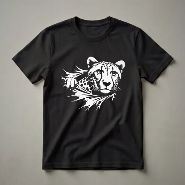 White graphic of a cheetah's head and paw tearing through a black background, on a black t-shirt.