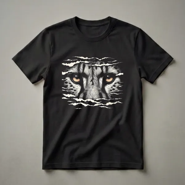 Black t-shirt with a graphic art design of a cheetah's eyes peering through torn paper, rendered in black and white with amber eye details.