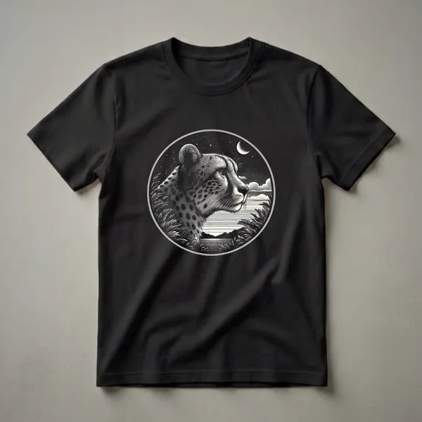 Black and white graphic t-shirt featuring a cheetah's profile in a circular night scene with a moon, stars, clouds, foliage, and water.