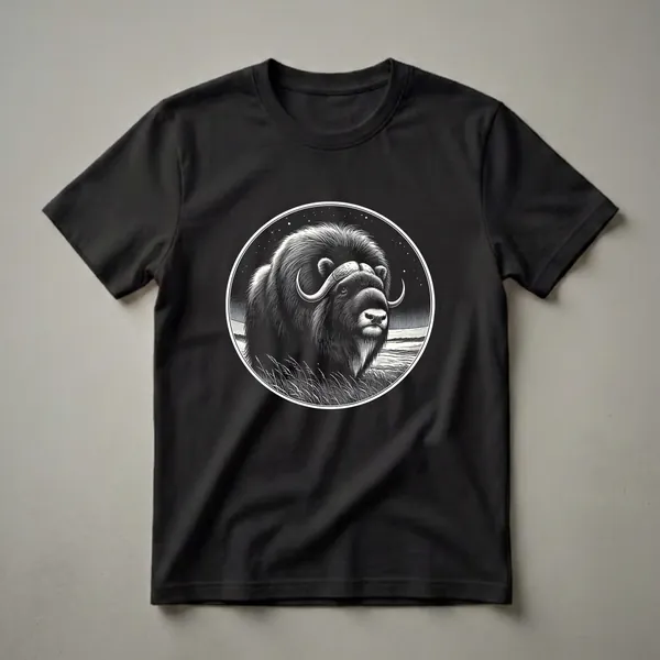 Black and white graphic t-shirt featuring a musk ox illustration within a circular frame against a starry night sky, with tall grass in the foreground.
