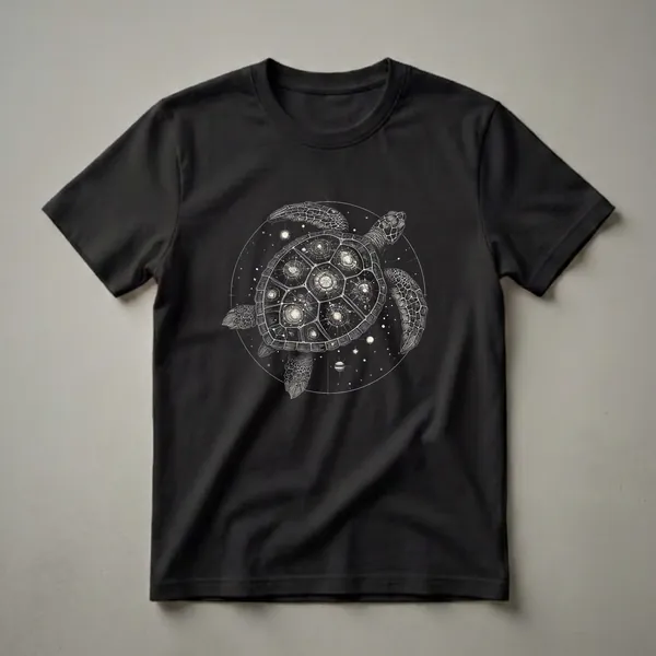 Black t-shirt with a white linework illustration of a sea turtle within a circular frame, its shell depicted as a celestial map with stars and planets.
