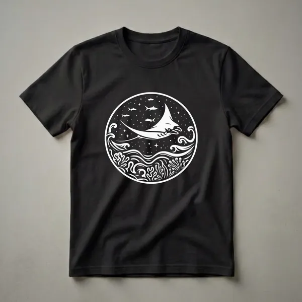 White graphic design on a black shirt featuring a manta ray swimming with smaller fish above stylized waves and coral.
