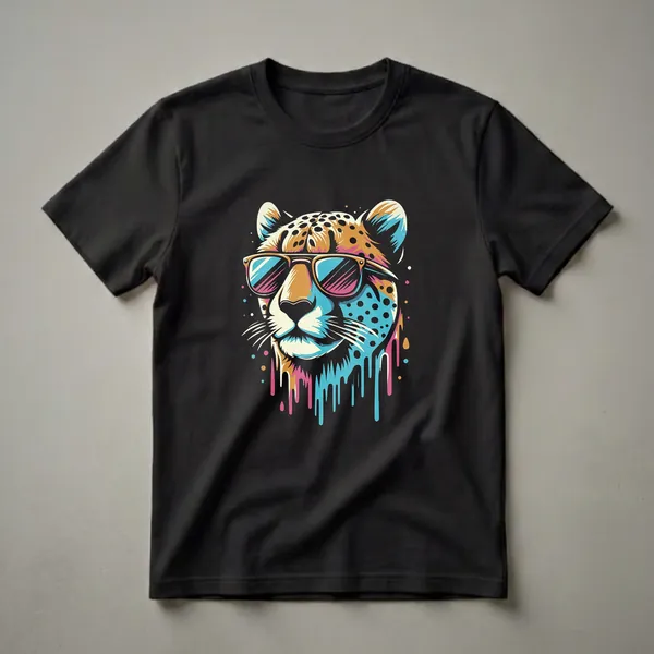 Black t-shirt featuring a colorful graphic of a cheetah's head wearing sunglasses, with a dripping paint effect and scattered dots.