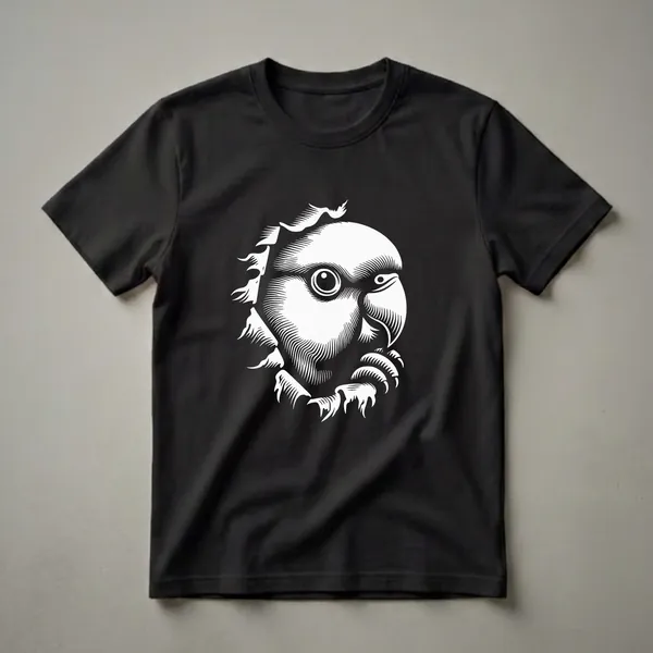 White linocut graphic of a parakeet's head with detailed feathering and a prominent eye, set against a black background.