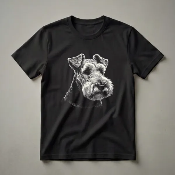 Black t-shirt featuring a detailed scratchboard illustration of a Welsh Terrier's face in cream and black tones, with intricate linework highlighting the dog's fur and features.