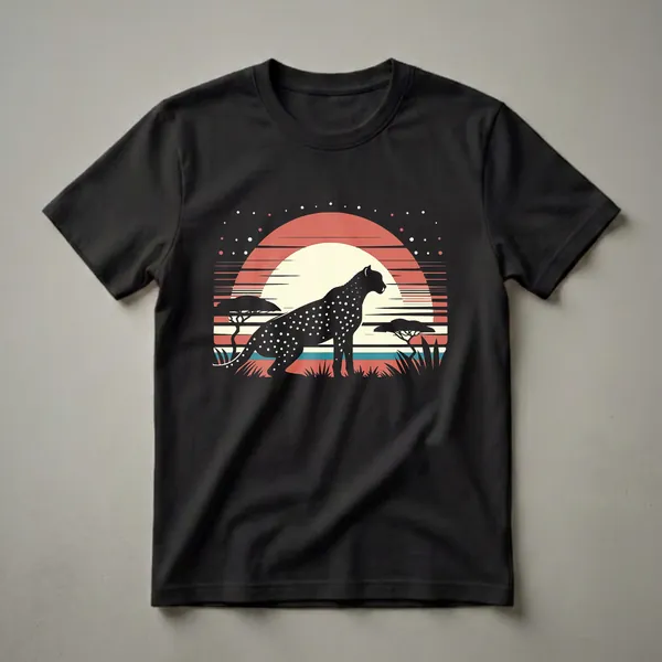 Black cheetah silhouette with white polka dots against a retro sunset with acacia trees and grass. The shirt is black.
