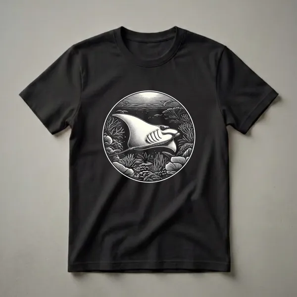Black t-shirt with a white linocut graphic depicting a manta ray swimming underwater amidst coral, small fish, and seabirds above the water's surface.