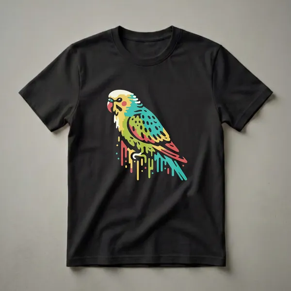 Black t-shirt featuring a colorful, geometric parakeet with a dripping paint effect in teal, yellow, green, and red.