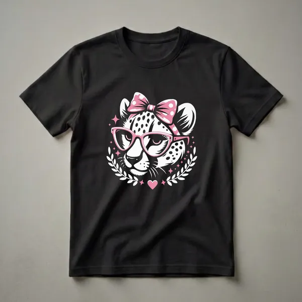 Black t-shirt featuring a white and pink graphic of a cheetah's face wearing pink glasses and a pink polka dot bow, surrounded by a laurel wreath and pink stars.