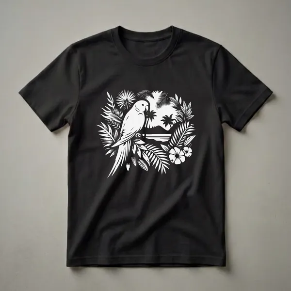 White graphic t-shirt featuring a parakeet perched in a tropical scene with palm leaves, hibiscus flowers, and a distant island landscape.