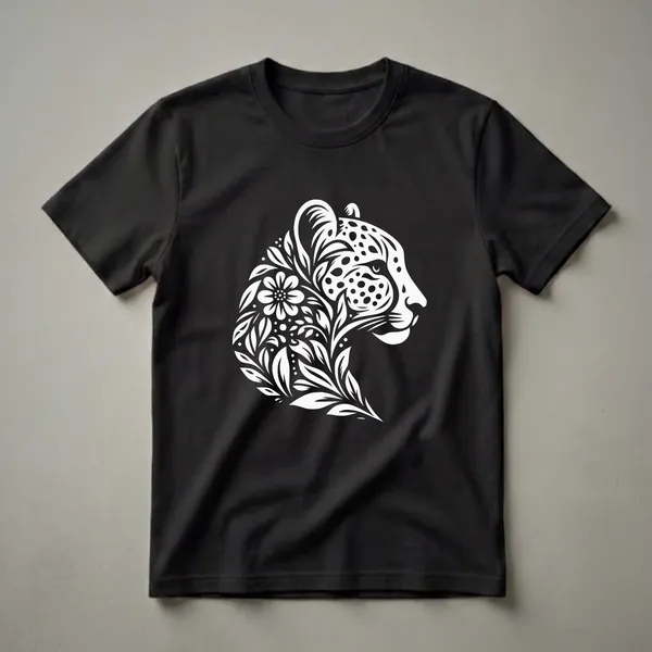 White graphic of a leopard's head formed from floral and leaf patterns on a black t-shirt.