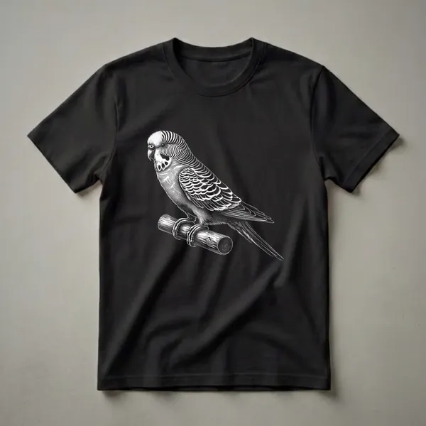 Black and white engraving-style graphic t-shirt featuring a budgerigar perched on a wooden branch.