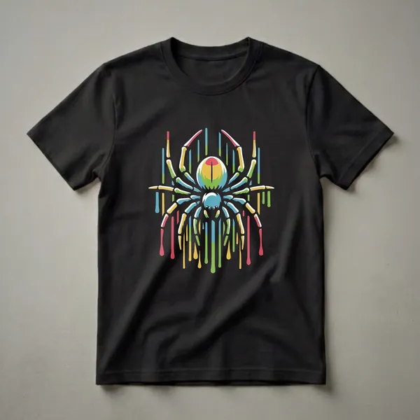 Black t-shirt featuring a geometric spider design with rainbow colors and dripping paint-like lines.