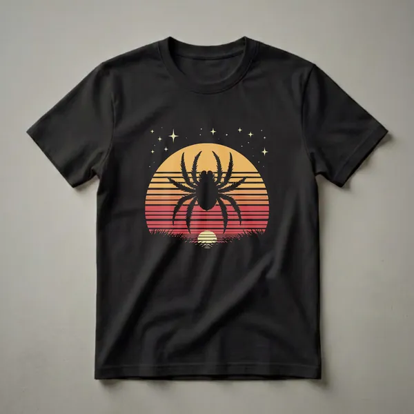 Black t-shirt featuring a retro graphic design of a tarantula silhouette against a striped sunset with stars and grass.