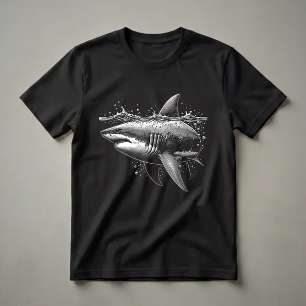 Black t-shirt with a white, vintage-style engraving of a Great White Shark breaching the water's surface, surrounded by splashes and bubbles.