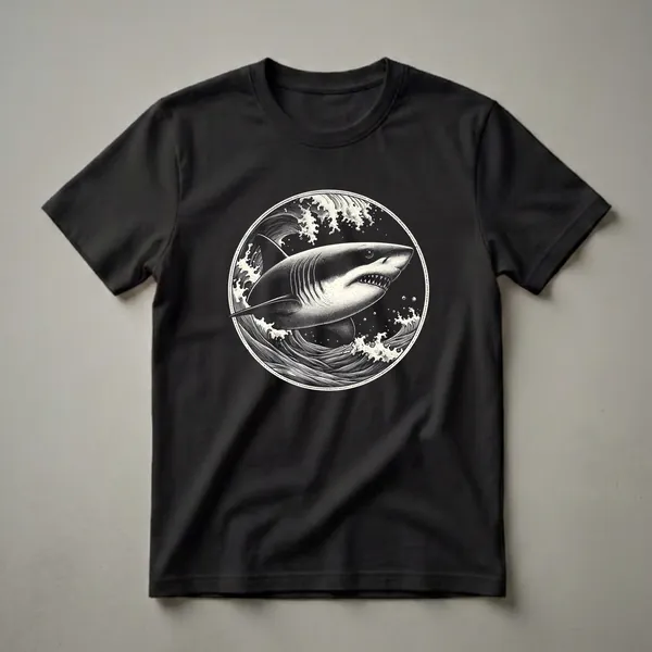 Black t-shirt featuring a vintage-style graphic of a shark swimming through stylized waves within a circular border.