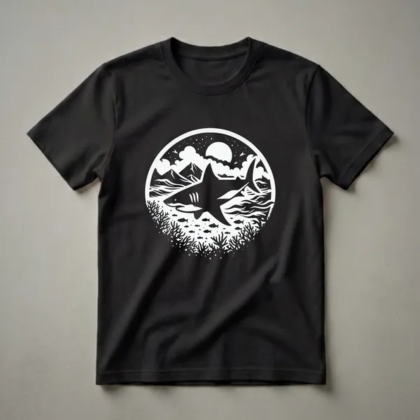 Black and white graphic t-shirt featuring a Great White Shark swimming in a circular ocean scene with coral, fish, mountains, and a moon.