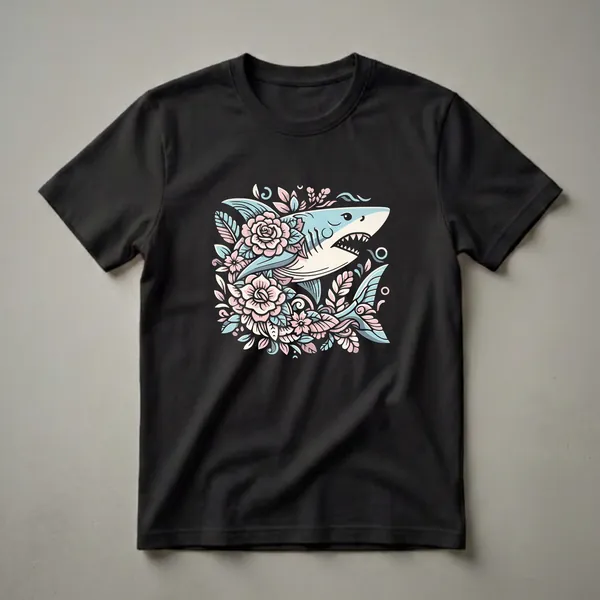 Light blue shark with pastel pink and blue floral accents, graphic t-shirt design on a black background.