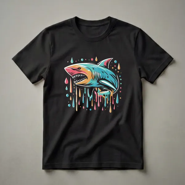Black t-shirt with a colorful geometric shark graphic featuring teal, coral, and orange hues, with paint drips and colorful dots.