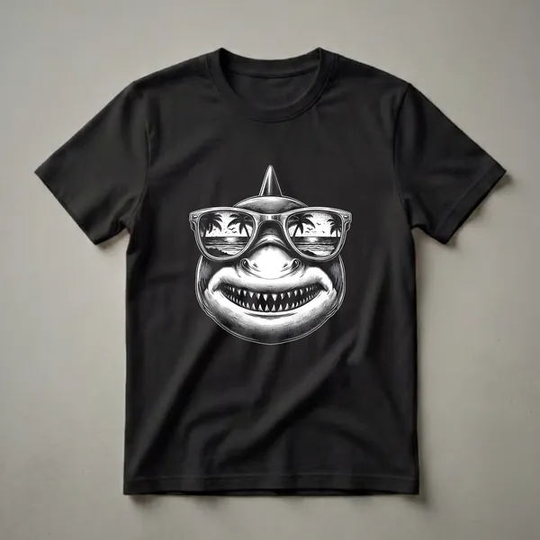 Black t-shirt with a black and white engraving-style smiling shark wearing wayfarer sunglasses, with palm trees and ocean reflected in each lens and dorsal fin at the top.