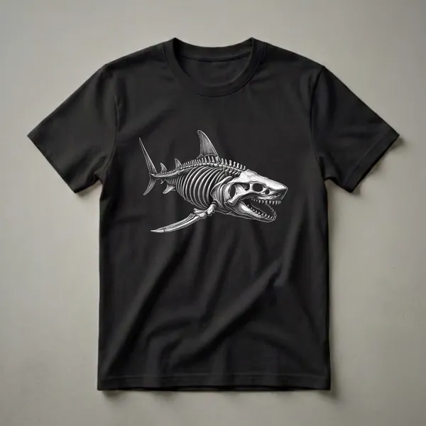 Black t-shirt with a white, detailed illustration of a great white shark skeleton, showing its skull, teeth, spine, and fins.