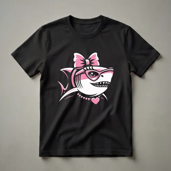 White and pink graphic t-shirt featuring a stylized shark wearing a pink bow, pink glasses, and a pearl necklace with a pink heart pendant.