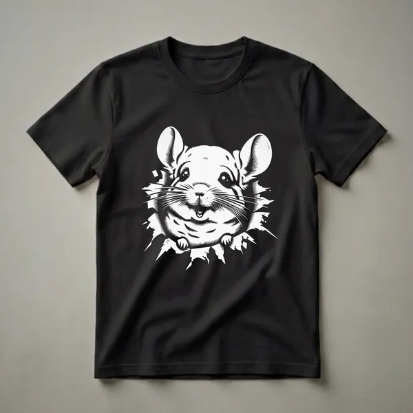 White graphic of a chinchilla's face with large ears and whiskers peeking through a torn black background, printed on a black t-shirt.