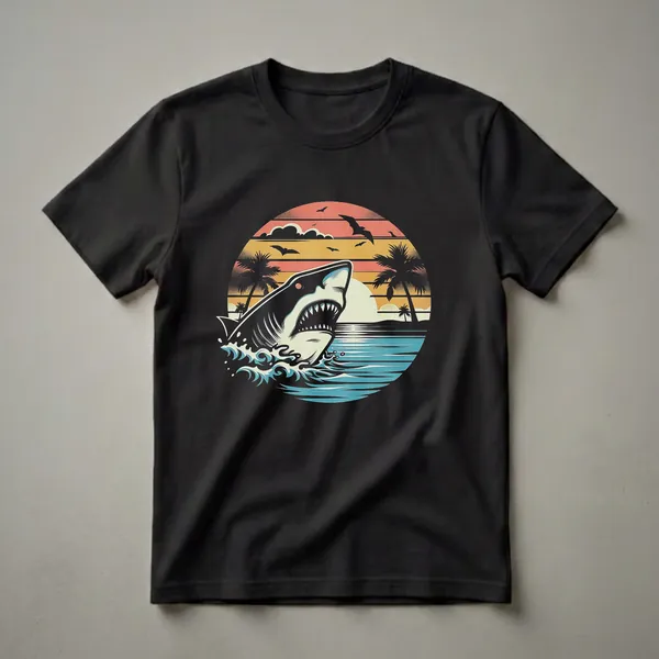 Black graphic t-shirt featuring a retro design of a shark breaching ocean waves with palm trees and a sunset in the background.
