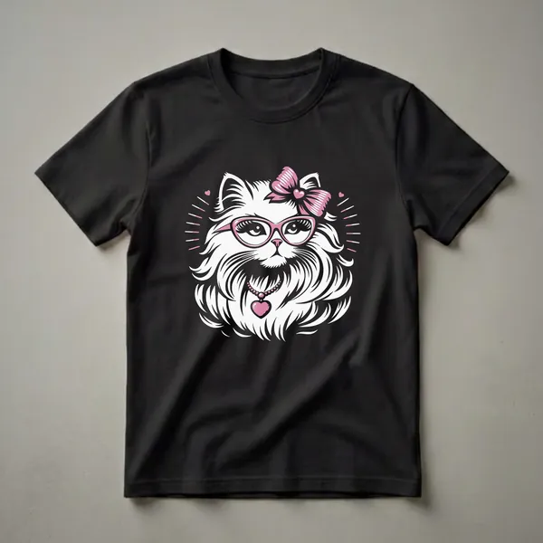 White fluffy cat wearing pink cat-eye glasses, a pink bow, and a pink heart pendant necklace, graphic art design on a black background.