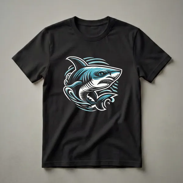 A graphic t-shirt featuring a stylized shark head in blue and white, with swirling water elements around it.
