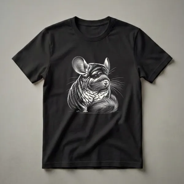Black and white graphic t-shirt featuring a detailed illustration of a chinchilla in a woodcut style, set against a black background.