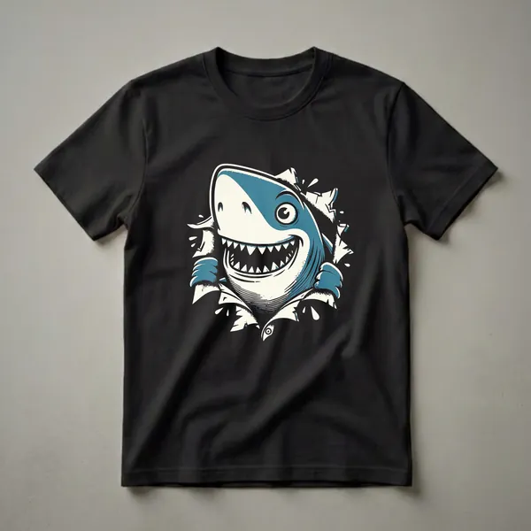 A graphic t-shirt featuring a cartoon shark with a wide, toothy grin peeking through ripped material, rendered in teal, cream, and black.