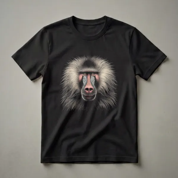 Black t-shirt featuring a detailed, close-up illustration of a mandrill baboon's face with striking pink and blue facial markings and a light-colored mane.