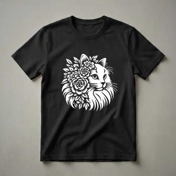 White silhouette of a Ragdoll cat's head adorned with roses and leaves, set against a black background, on a t-shirt.