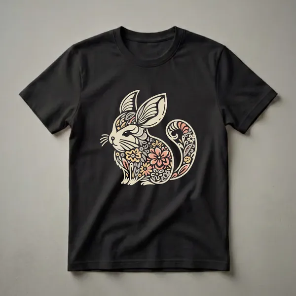 Black t-shirt featuring a stylized chinchilla illustration filled with floral and leaf patterns in cream, peach, yellow, and grey.