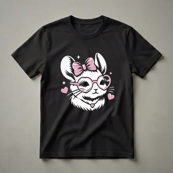 Black t-shirt featuring a white chinchilla graphic wearing pink heart-shaped glasses, a pink bow, and a pink heart pendant, with sparkling stars and hearts.