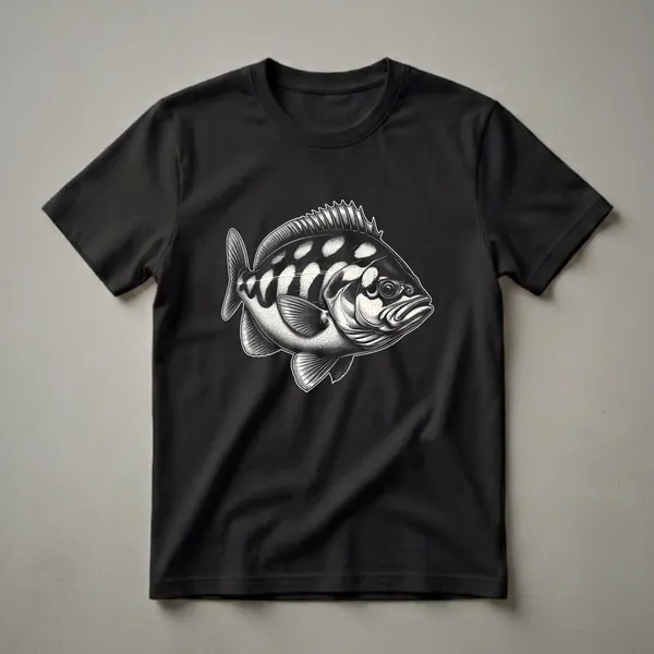 Black and white graphic t-shirt featuring a detailed illustration of a Halibut fish with prominent spots and fins, set against a black background.