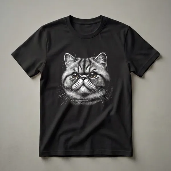 Black t-shirt featuring a detailed vintage scratchboard illustration of an Exotic Shorthair cat's face with brown eyes and white fur details.